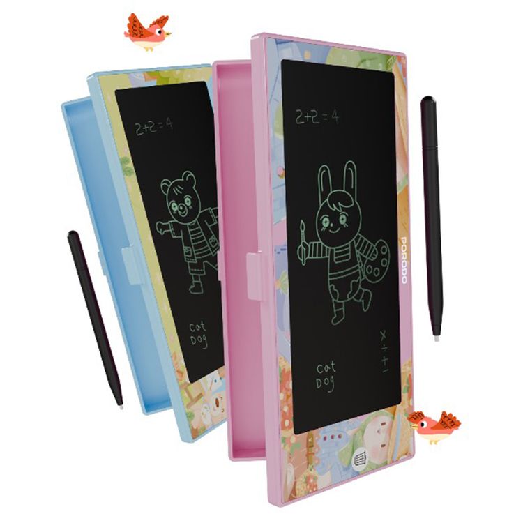 Porodo 2-in-1 Kids LCD Writing Tablet with Pencil Case, One-Key Screen Lock, Battery Case, Erasing Button - Pink