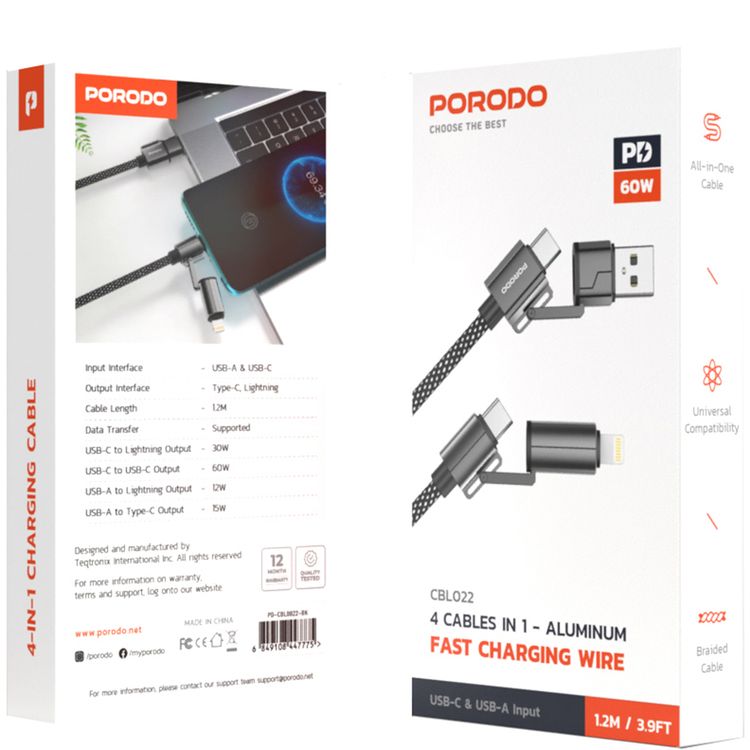 Porodo شاحن سريع 4 في 1 بسلك مع قدرة توصيل تصل إلى 60 واط، وطول كابل 1.2 متر، ومنفذي Type-C وLightning، متوافق عالميًا، كابل مضفر، ومدخلي USB-A وUSB-C.