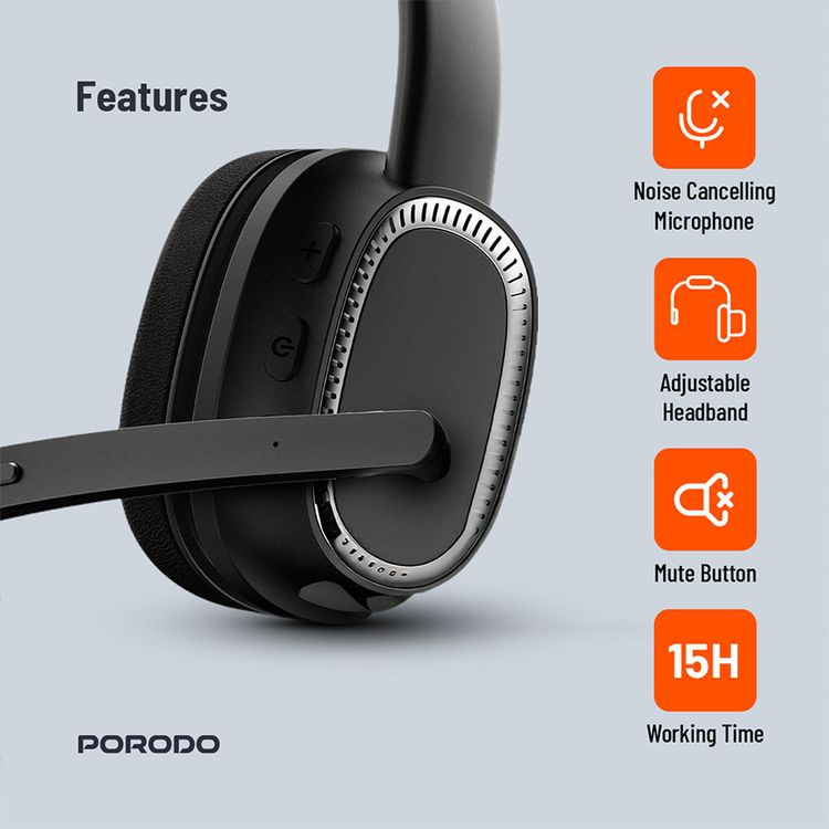 Porodo ENC Wireless Work Headphone with Noise Cancelling Microphone, Bluetooth V5.2, 15 Hours Working Time, 1 Hour Recharging Time, 200mAh Battery, Adjustable Headband - Black