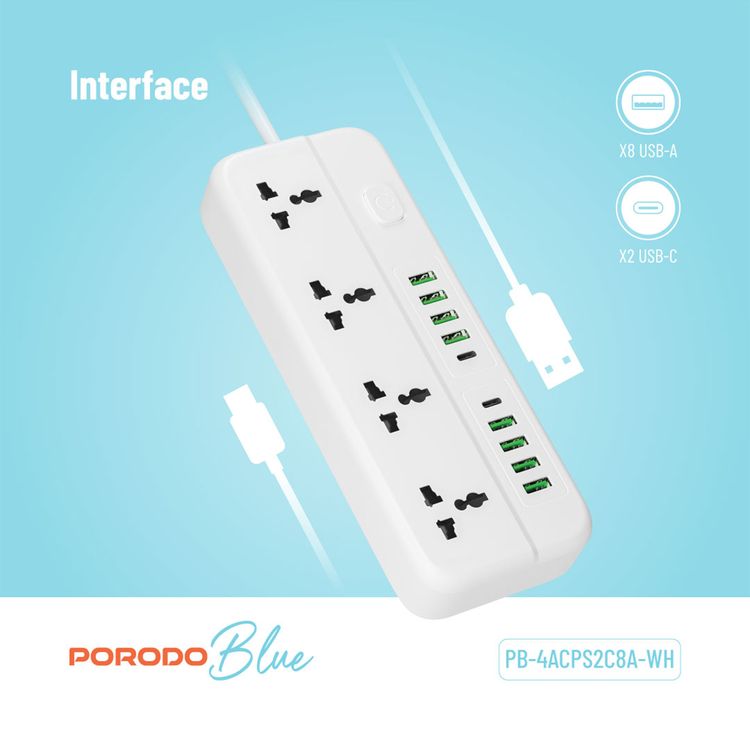 Porodo Blue Power Strip with 4 AC Sockets, Dual USB-C & 8 USB-A Ports, 3m Cable Length, 2000W AC Output, 3-Pin UK Plug, 10A Rated Current - White