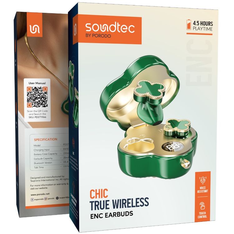 Porodo Soundtec Chic True Wireless Earbuds with ENC, Up to 4.5 Hours Working Time, Bluetooth Version 5.4, 10m Transmission Range, Omnidirectional Microphone, Immersive Audio, Ergonomic Fit, Includes 18cm Chain - Green