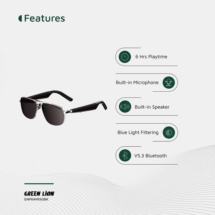 Green Lion Miami Smart Glasses, 85mAh Battery Capacity, Bluetooth Version 5.3, Magnetic Charging Time, 70 Minutes Charging Time, 4-6 Hours Play Time - Black