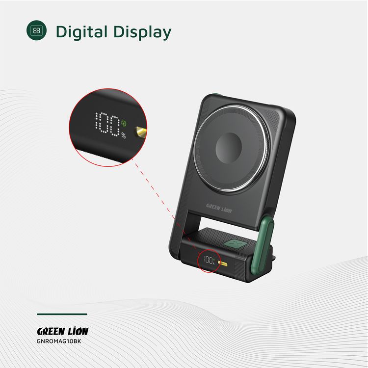 Green Lion Rotex MagSafe 10000mAh Power Bank, iWatch Charging, Rotating Bracket, Wireless Charging, Digital Display, Compact & Lightweight, PD 22.5W - Black