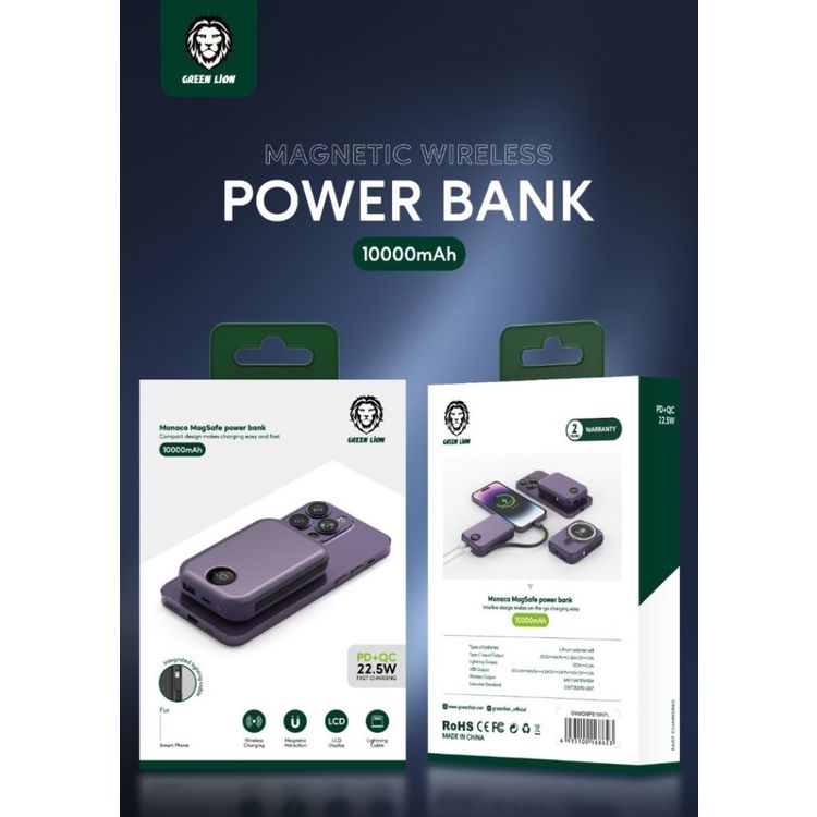 Green Lion Monaco MagSafe 10000mAh Power Bank with Built-in Lightning Cable, Wireless Charging Compatibility, 22.5W PD & QC Output, 15W Wireless Output, LCD Display - Purple