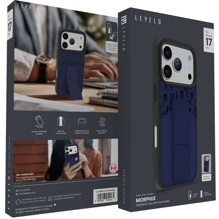حافظة Levelo Morphix GripStand مع حامل بطاقات لجهاز iPhone 17 Pro، تصميم فاخر بطباعة العلامة التجارية، ممتص للصدمات، حواف مرتفعة للكاميرا والشاشة، حامل بتقنية الحزام المغناطيسي - أزرق منتصف الليل.