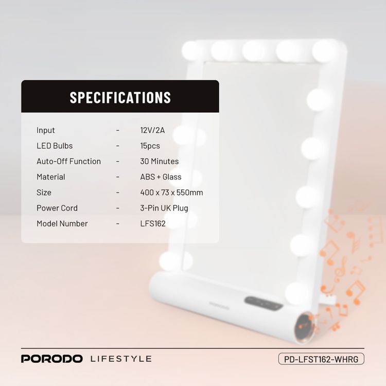 Porodo Hollywood Vanity Lighted Mirror with Built-in Bluetooth Speaker, 15 LED Bulbs, Auto-Off Function, ABS & Glass Material, Smart Touch Control, Brightness Memory Function - White / Rose Gold