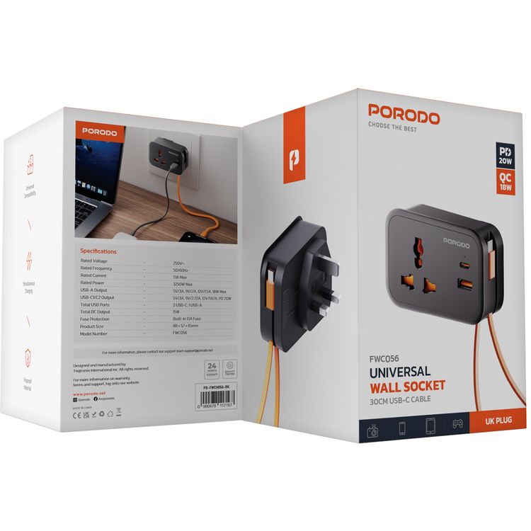 Porodo Universal Wall Socket with 30cm Built-in USB-C Cable, Simultaneous Charging, 20W PD, 18W QC, Fireproof Material, Fuse Protection, UK 3-Pin Plug - Black