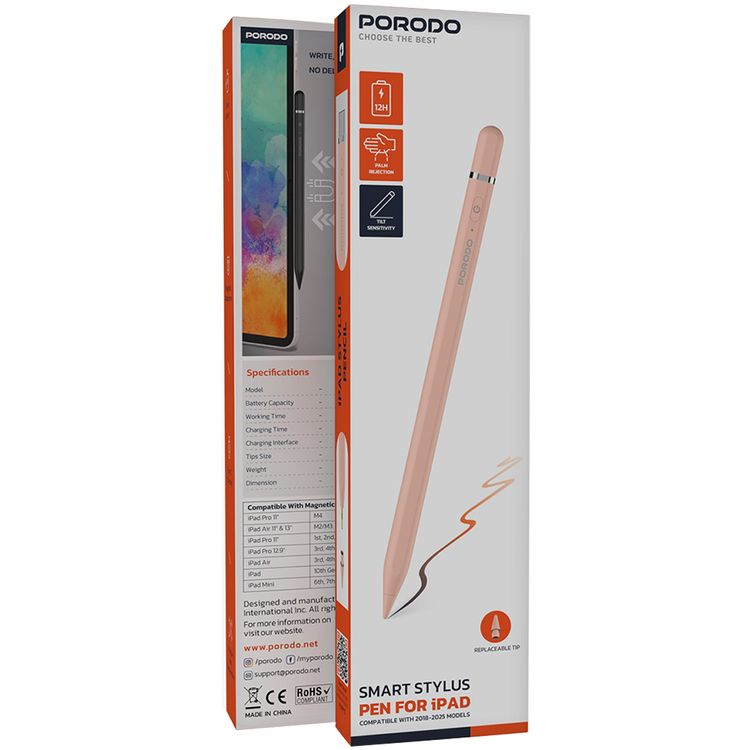 قلم ذكي من بورودو لأجهزة آيباد، طرف قابل للاستبدال، مقاس الطرف 1.7 مم، واجهة شحن من النوع C، سعة بطارية 140 مللي أمبير/ساعة، وقت شحن 40 دقيقة، وقت عمل من 10 إلى 12 ساعة، ملحق مغناطيسي - وردي