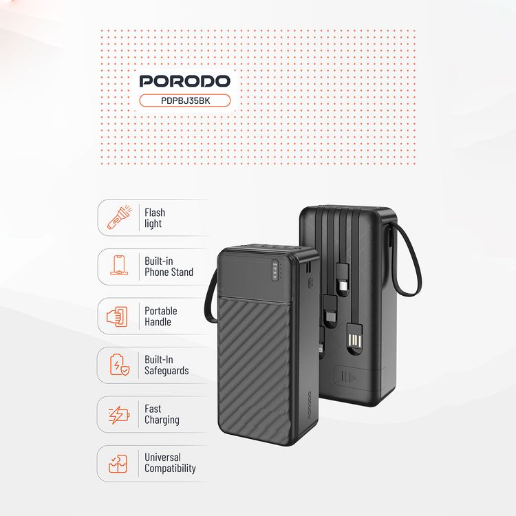 Porodo Piano 30000mAh Power Bank with Flashlight, Portable Handle, Phone Stand, 4 Integrated Cables, USB-A & USB-C & Micro Ports, Fast Charge Support, Universal Compatibility - Black