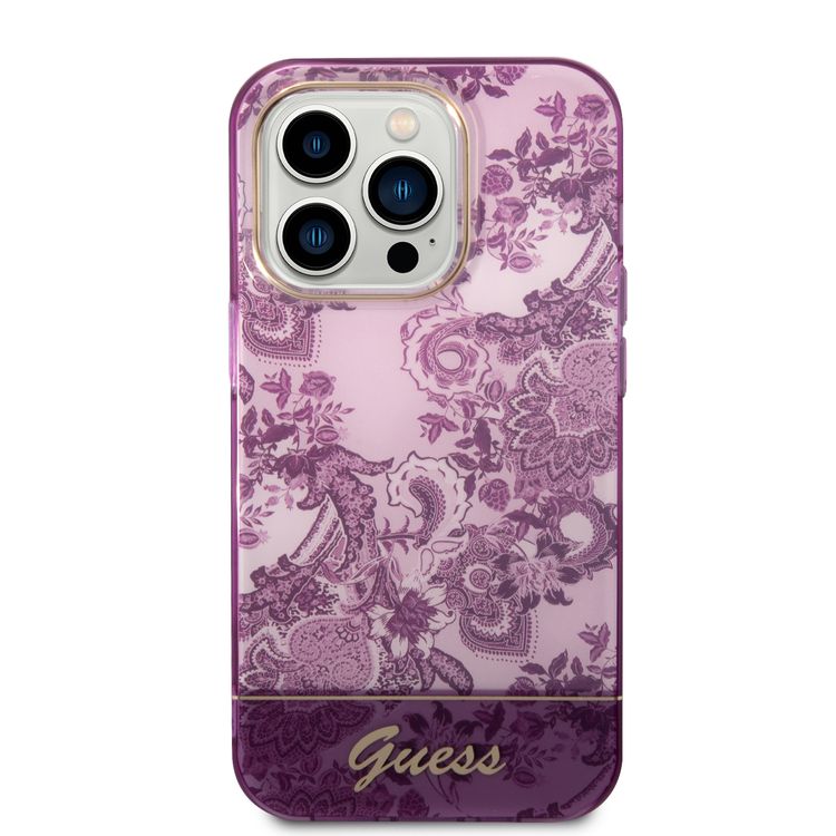 Guess PC/TPU IML Case With Double Layer Electroplated Camera Outline & Toile De Jouy - iPhone 14 Pro - Fuchsia