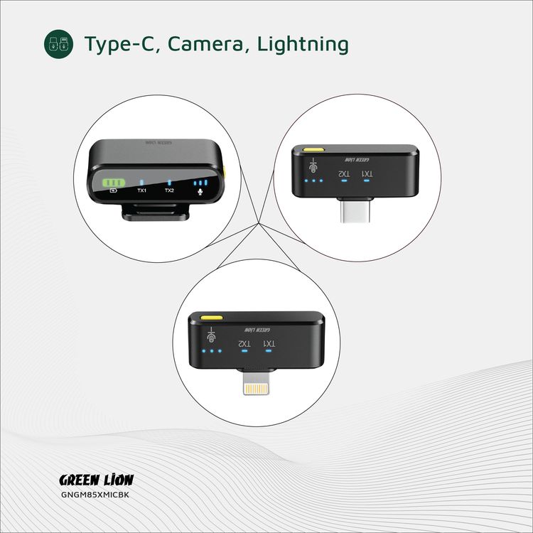 Green Lion GM-85X 3-in-1 Wireless Microphone with 360° Omnidirectional, Type-C and Camera and Lightning Devices, Reverb Mode, 20-40m Transmission Range, 6 Hours Working Time, 28 Hours Case Battery Life, Type-C Charging Port, 120 Minutes Charging Time, LED Display - Black