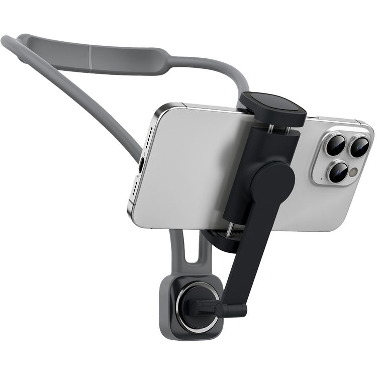 حامل رقبة للهواتف الذكية من بورودو مع قفل مغناطيسي، تسجيل بدون استخدام اليدين، مقاس رقبة قابل للتعديل 625 مم، مقاس كليب الهاتف 65-110 مم، مصنوع من الألمنيوم والسليكون والفولاذ المقاوم للصدأ، تثبيت آمن - أسود