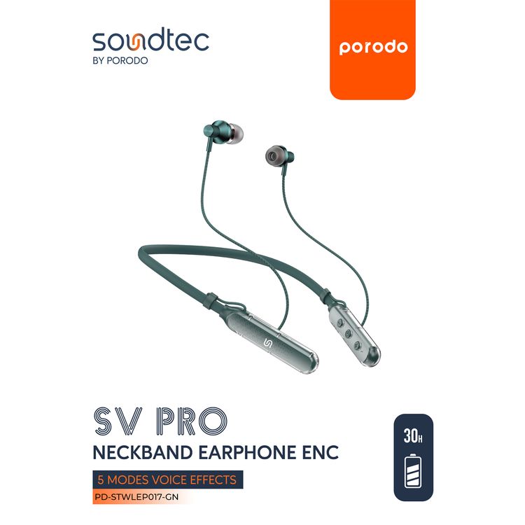 Porodo Soundtec SV Pro Neckband Earphones ENC with 5 Voice Effect Modes, Magnetic Earbuds, 250mAh Battery Capacity, Up to 30 Hours Playtime - Green