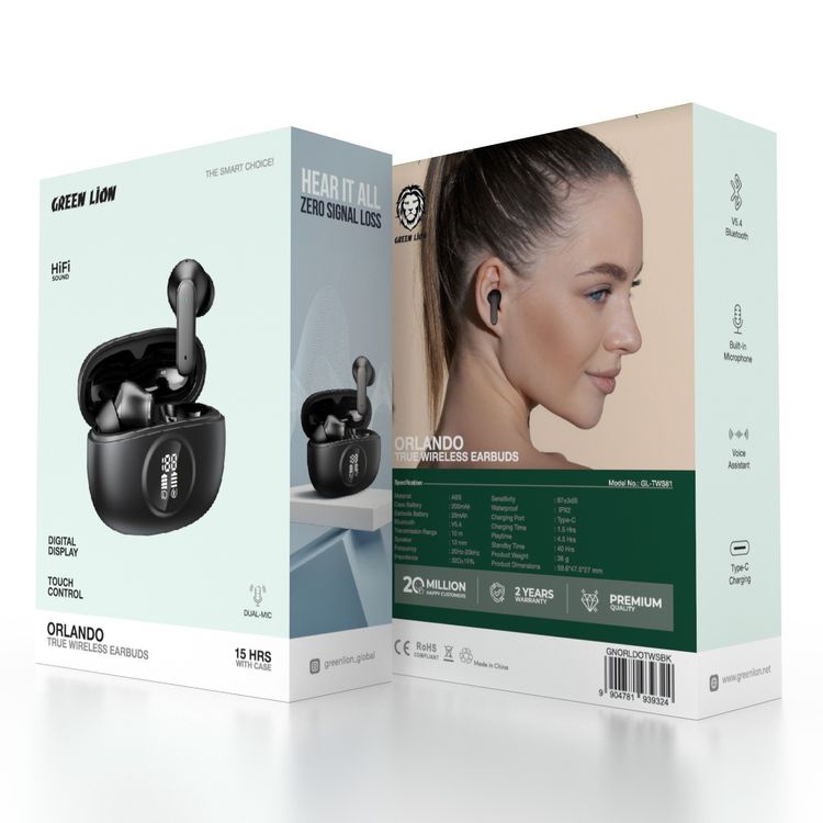 Green Lion Orlando True Wireless Earbuds with Digital Display, HiFi Sound, Built-in Microphone, Voice Assistant, 4.5 Hours Playtime, Type-C Charging - Black