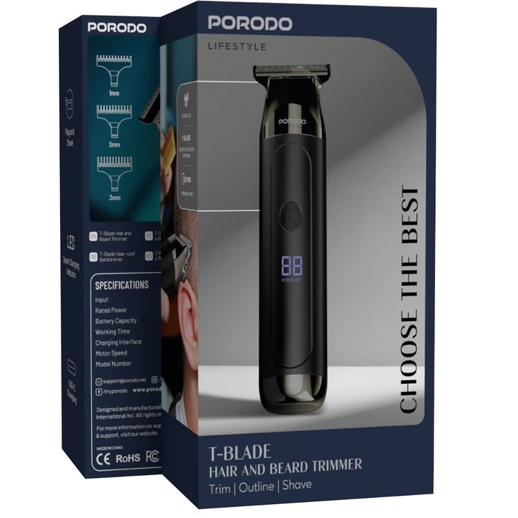 Porodo T-Blade Hair & Beard Trimmer with Smart LED Charging Indicator, 120 Minutes Working Time, 8W Rated Power, USB-C Charging Port, 1200mAh Battery, Cordless Functionality, 1, 2 & 3mm Combs Included - Black