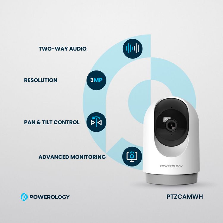 Powerology Indoor PTZ Smart Camera with Human Detection & Motion Sensor, 100° Field of Vision, 3MP Resolution, Pan & Tilt Control, Two-Way Audio - White