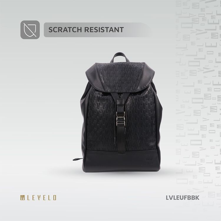 Levelo Envol Universal Fashion Backpack with Premium Leather Material, Scratch Resistant, Lightweight Design, Push Buckles, Drawstring Closure, Multiple Compartments - Black
