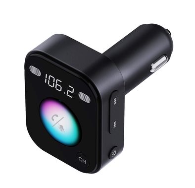  Porodo Bluetooth FM Transmitter with Voice Command, Mood Lighting, Hands-Free Calls, Bluetooth V5.4, PD 36W - Black