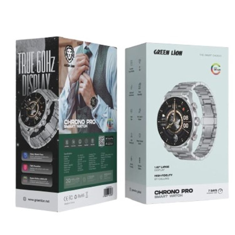 ساعة جرين ليون كرونو برو الذكية بشاشة AMOLED بقياس 1.6 بوصة، بطارية 360 مللي أمبير، تصل مدة عملها إلى 7 أيام، سطوع 1000 شمعة، تتبع النشاط، مراقبة الصحة، ساعة توقيف ومنبه - فضي