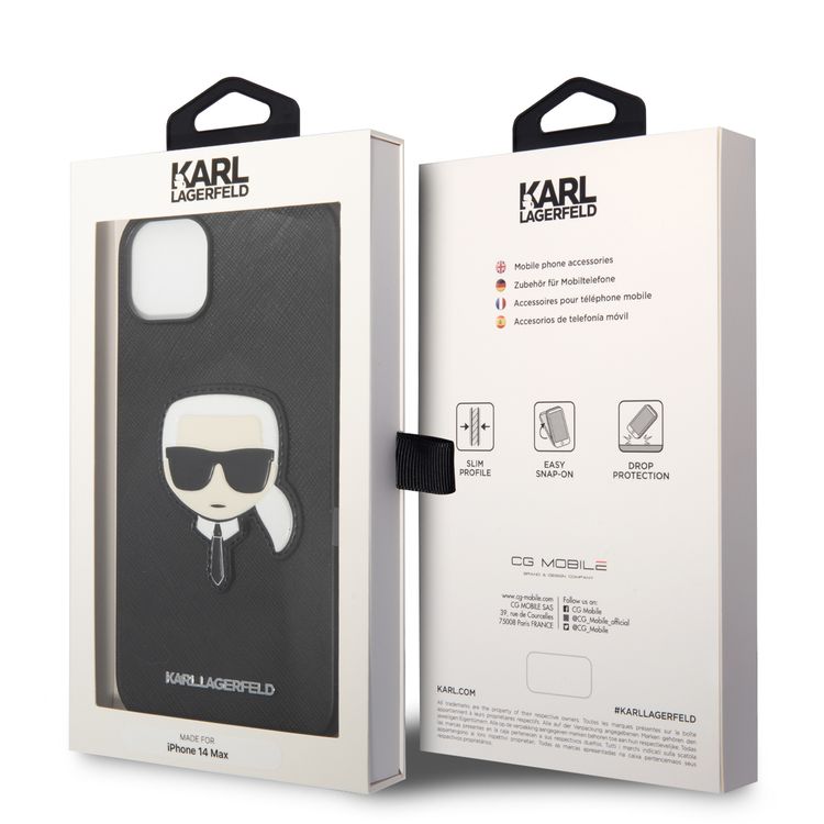 Karl Lagerfeld PU Saffiano Case with Karl Head Patch Ultra-Thin iPhone 14 Plus Compatibility - Black