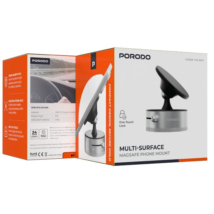 Porodo Multi-Surface MagSafe Phone Holder with Grip-Lock Toggle, ABS & PC & Aluminum Alloy Material, N52 Magnet Type , 1.5kg Adsorption Capacity, Adjustable Viewing Angle - Silver