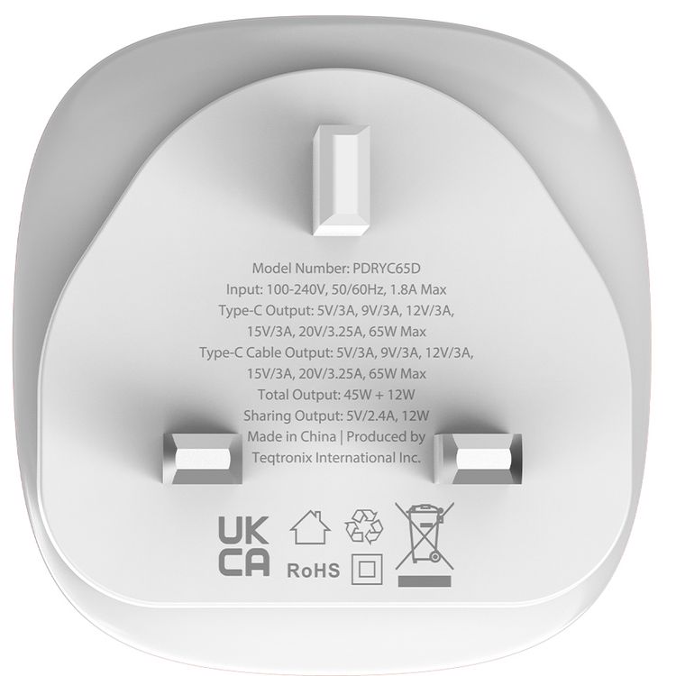 Porodo Ayuan Mini Travel Charger with GaN Technology, Retractable Type-C Cable, 65W Max Type-C Output, 65W Max Type-C Cable Output, 45W Total Output, Multi-Device Charging, Built-in Safety Features, Smiling Robot Design - White