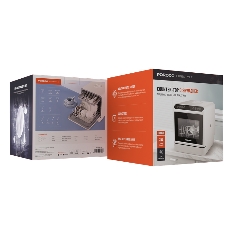 Porodo Lifestyle Counter-Top Dishwasher 220V, 5L Water Tank Capacity, 25L Space Capacity, Hot Air Drying, Hygienic Cleaning Power, UV Sterilization - White