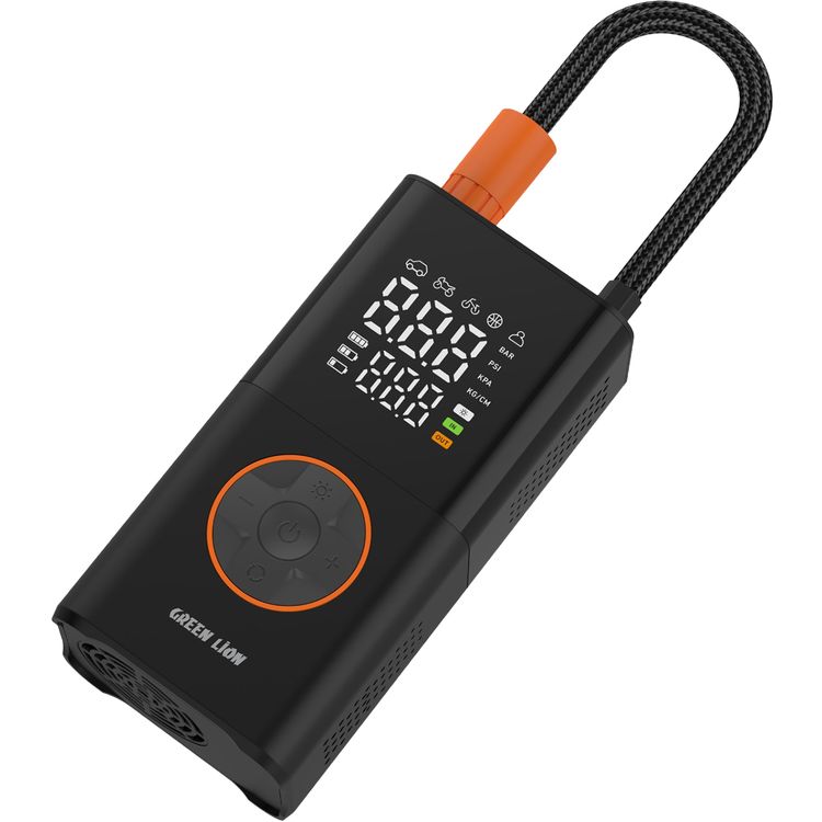 Green Lion GTI-01 Inflator Portable Air Compressor, Multiple Nozzles, LED Flashlight, Dual LCD Screen, 18 L/min Inflation Speed, 8 Minutes Inflation Time - Black