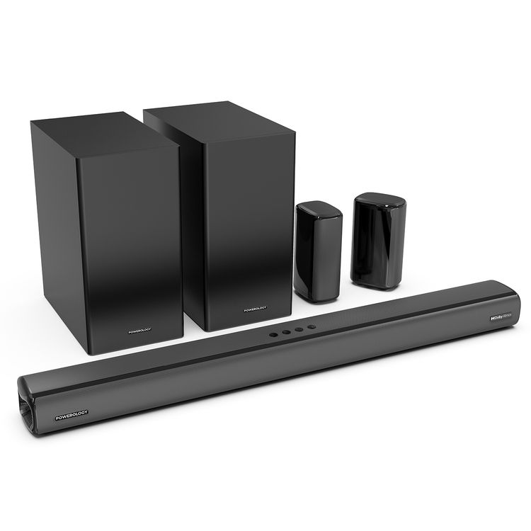 Powerology 5.2.4CH Home Theater Soundbar with Dolby Atmos, Wireless Subwoofer & Wireless, TV (ARC) Input, USB & AUX Port, Remote Control, LED Display - Black