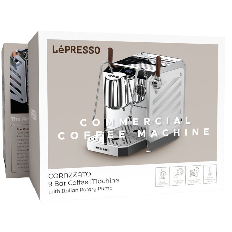 LePresso Corazzato 9-Bar Coffee Machine with Italian Rotary Pump, 3.0L Steam Boiler Capacity, Precise Temperature Control, Programmable Parameters, Pre-Infusion Control, 0.5L Coffee Boiler Capacity - Silver