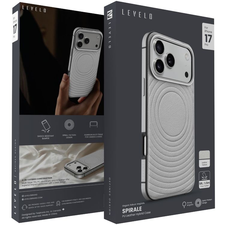 Levelo Spirale PU Leather Hybrid Case for iPhone 17 Pro, MagSafe Compatible & Strong Magnets, Impact-Resistant, Shock-Resistant Bumper, Aluminum Alloy Frame for Camera & Edges, Drop-Tested - Silverstone
