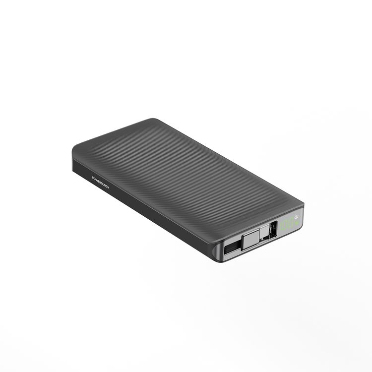 Powerology 10000mAh Retractable Cable Power Bank with LED Display, Lightweight & Portable Design, Fast-Charging, USB-C Input & Output, 2-Device Charging, Patented Design, 22W Power Delivery - Black