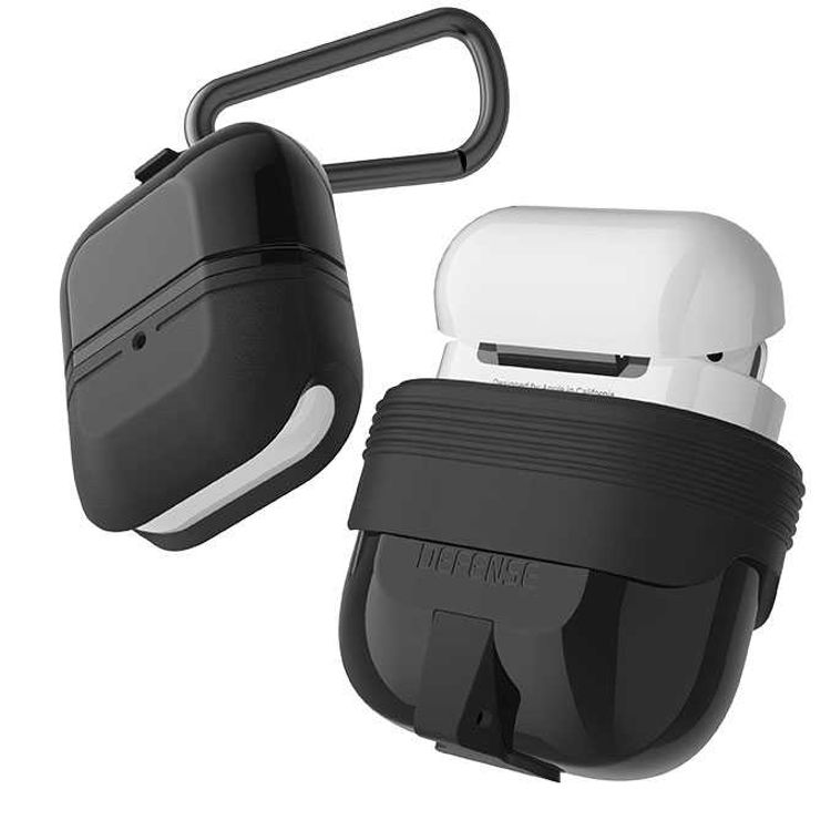 جراب X-Doria Defense Journey لسماعات AirPods 1 و2 مع حلقة تثبيت وحلقة قابلة للفصل، مصنوع من مادة TPU والسيليكون، مقاوم للماء والغبار، حماية كاملة بزاوية 360 درجة، مضاد للخدش - أسود