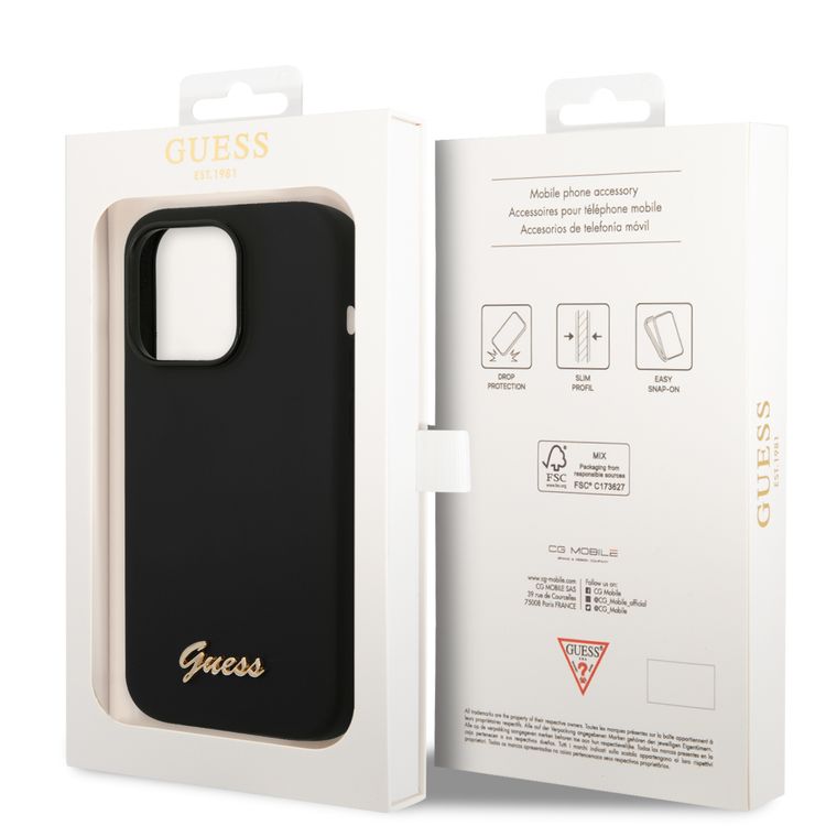 Guess Liquid Silicone Case With PC Camera Outline & Script Metal Logo - iPhone 14 Pro - Black