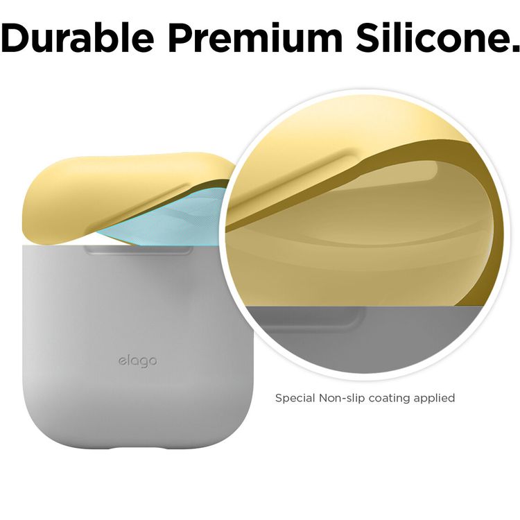 Elago Duo Silicone Case with Apple AirPods Case 1 & 2, Supports Wireless Chargers, Drop Resistant, Dustproof and Absorbing Protective Cover Body-White / Top-Pink, Yellow