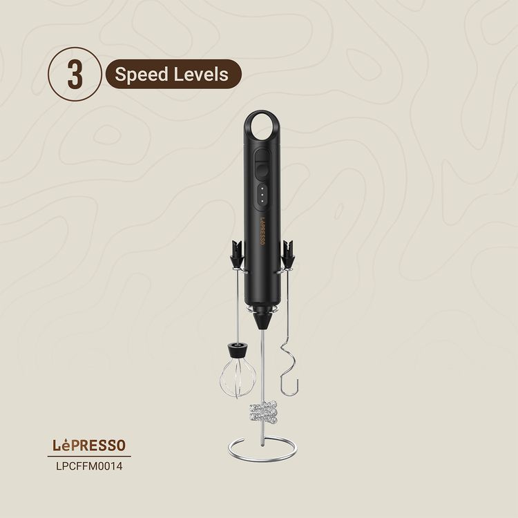 LePresso الخفاقة متعددة الوظائف 3 في 1 مع مضارب قابلة للتبديل، منفذ شحن Type-C، سعة بطارية 1500 مللي أمبير، سرعة محرك 6500 دورة في الدقيقة، 3 مستويات للسرعة - أسود