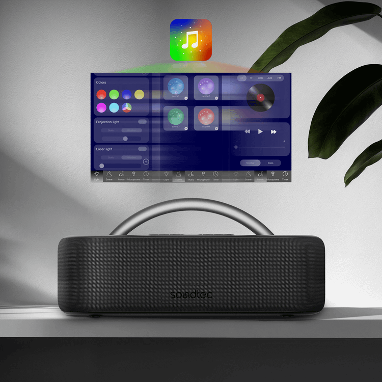 Porodo Soundtec Galactic Star Light Portable Speaker with Powerful Bass, Hands-Free Calls, Multi-Function Buttons, Karaoke, Zoom Life APP, USB Playback, 4400mAh Battery Capacity - Black