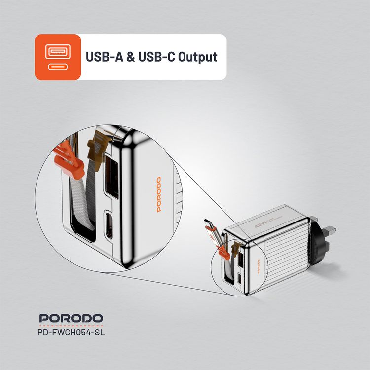 Porodo Super Quick GaN Charger with 75cm Retractable Type-C Cable, 42W Power Delivery, Simultaneous Charging, 22.5W USB-A Output, Built-in Safeguards - Silver