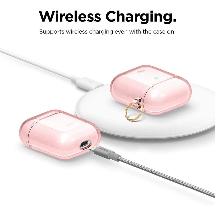 إيلاجو جراب تعليق شفاف (بولي يوريثان الحراري) لسماعات ابل ايربودز من الجيل الأول والثاني ، ليد أمامي مرئي ، مقاوم للخدش ، مقاوم للسقوط ، غطاء واقٍ ممتص ومقاوم للغبار مع جراب تعليق لسماعات ابل ايربودز 1/2 ، متوافق مع علبة الشحن اللاسلكي ، وردي جميل