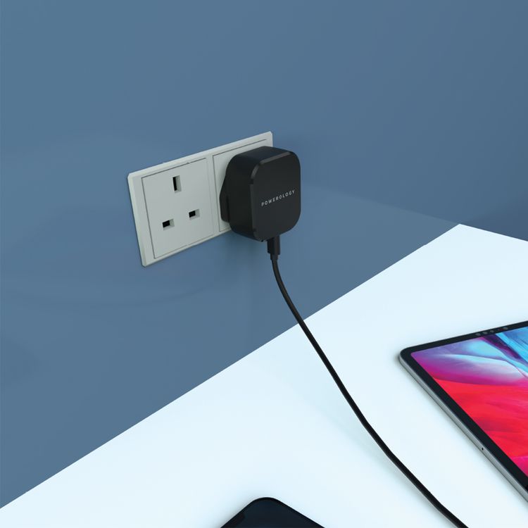 Powerology Ultra-Compact Quick Charger with 30W Power Delivery, UK 3-Pin Plug, 0%-60% Charge in 35 Minutes, Built-in Safeguards, 18W QC Output - Black