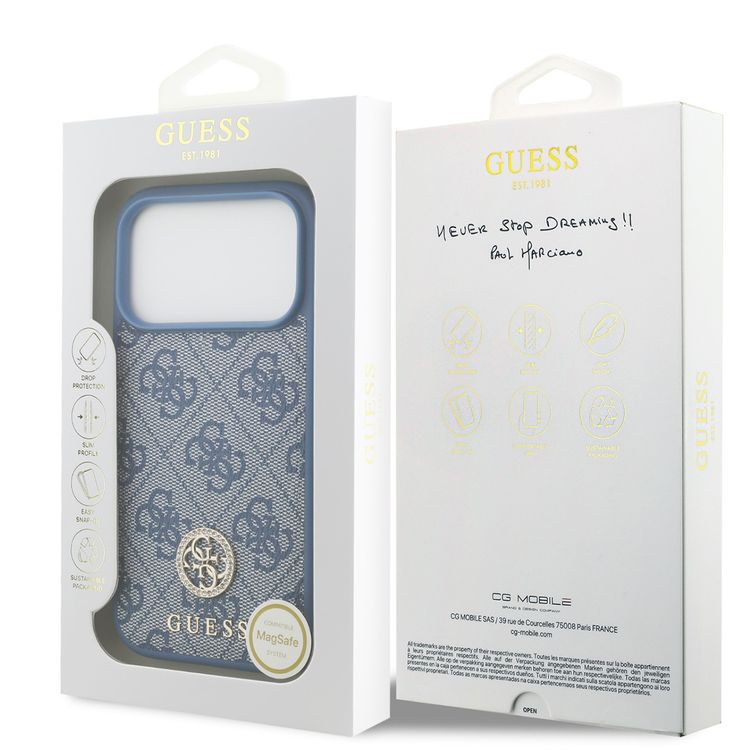 جراب جلد PU 4G من Guess مع شعار كلاسيكي ومرصع لـ iPhone 17 Pro، تصميم خفيف الوزن، حماية من السقوط، سهل التركيب، بروفايل نحيف، تغليف مستدام، قبضة مريحة - باللون الأزرق