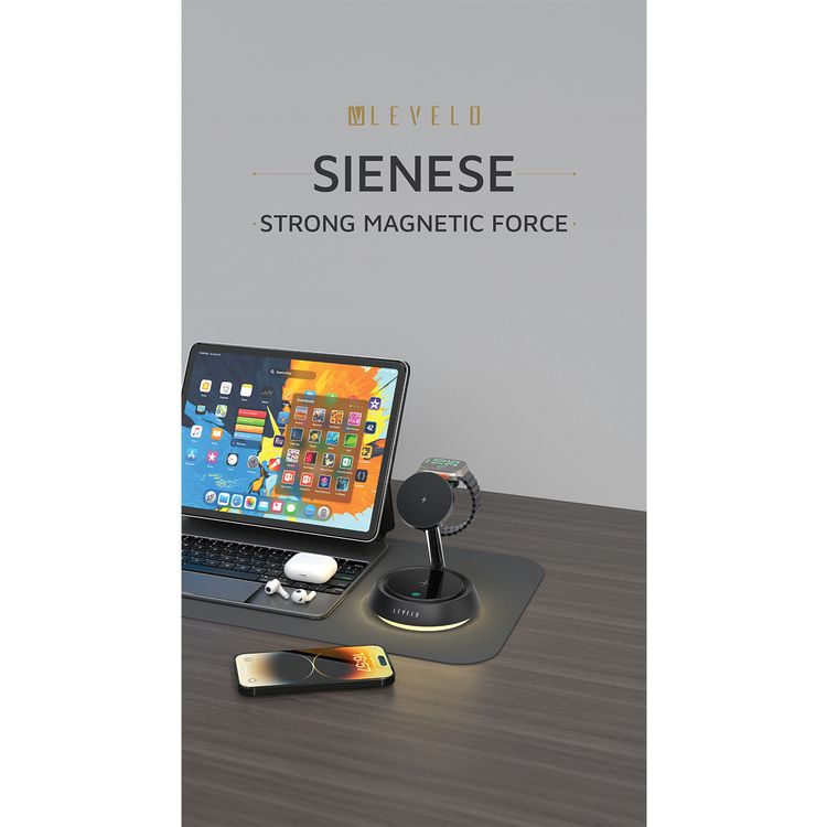 Levelo Sienese 3-in-1 Wireless Charger with MagSafe Compatibility, 15W Output Power, 0.8kg Magnetic Attraction, Heat Dissipation System, Anti-Slip Mat, Night Light - Black