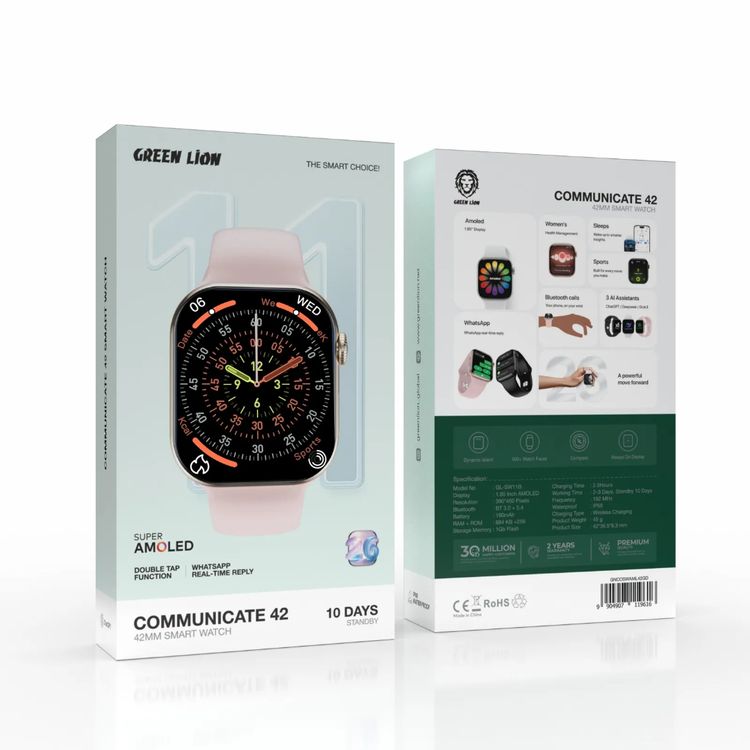 Green Lion Communicate 42mm Smart Watch with 1.85” AMOLED Display, 190mAh Battery, 1GB Flash Storage, IP68 Waterproof, 2-3 Days Working Time, 10 Days Standby Time, Bluetooth Version 3.0 + 5.4, Wireless Charging, Always-On Display, 500+ Watch Faces - Gold