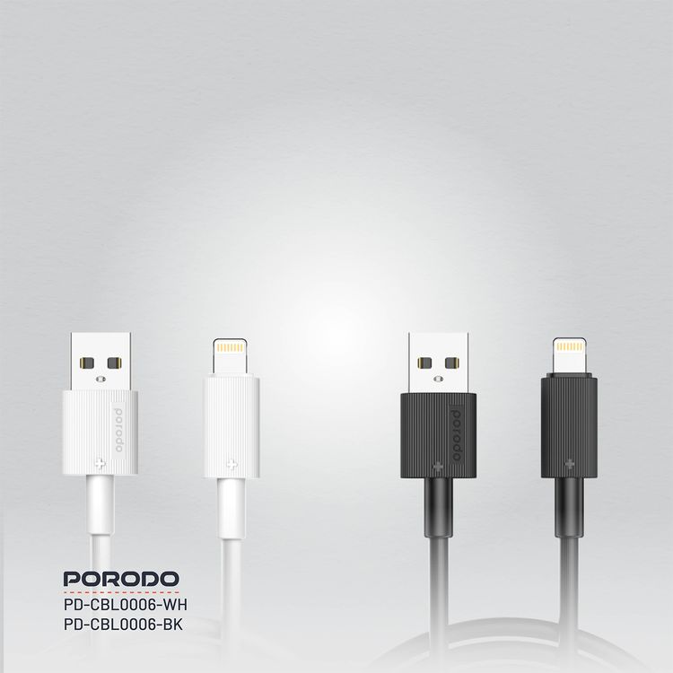 Porodo USB A to Lightning PVC Cable 3m, 480Mbps, 2.4A, more than 15000 Bends Life Span, Tangle Free - Black
