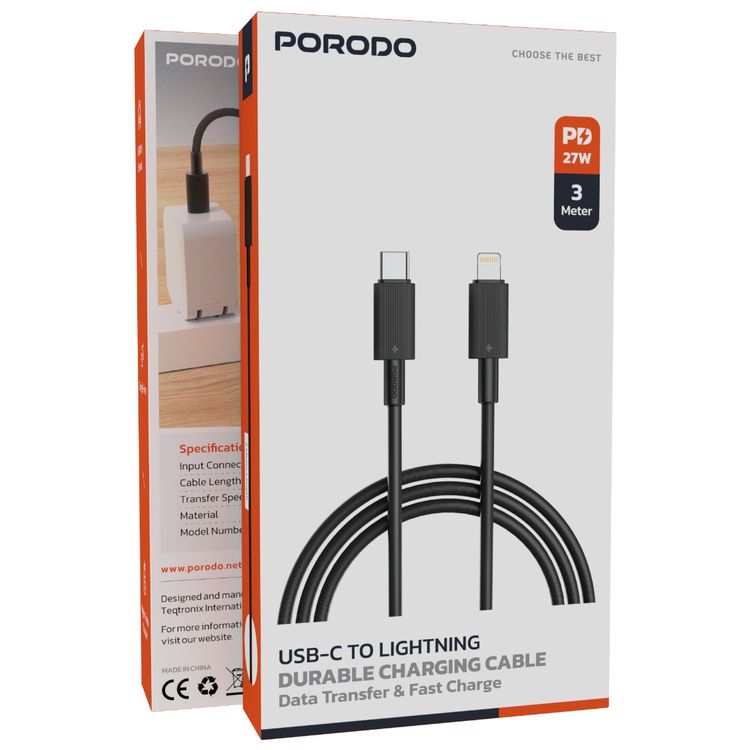 Porodo Type-C to Lightning PVC Cable 3m, 480Mbps Transfer Speed, PD 27W, more than 15000 Bends Life Span, Tangle Free - Black