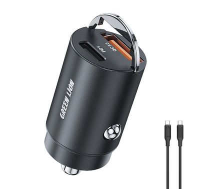 Green Lion Dual Port Car Charger with USB-C to USB-C Cable, Metallic Pull Ring, USB-A & USB-C Ports, Heat Dissipation, Charging Protection, Compact Design, 15W Total Output - Black