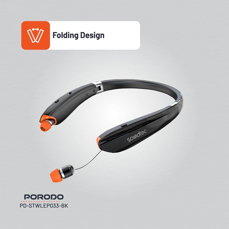 Porodo Soundtec Echo Flex Retractable ENC Neckband with Folding Design, Crystal Clear Audio, High Clarity Mic, Bluetooth V5.2, Multi Point Connection - Black 