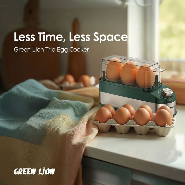 Green Lion Trio Egg Cooker with Auto Shutoff, Rotatory Knob, Non-Stick Coating, BPA-Free Plastic, 210W Rated Power - Green