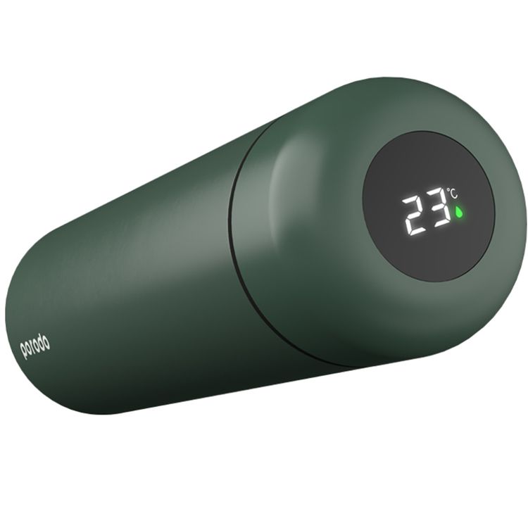 Porodo Smart Water Bottle with 500mL Capacity, Up to 12 Hours Thermal Insulation, LED Touch Display, 365-Day Battery Life, Stainless Steel Strainer, Non-Slip Base - Green
