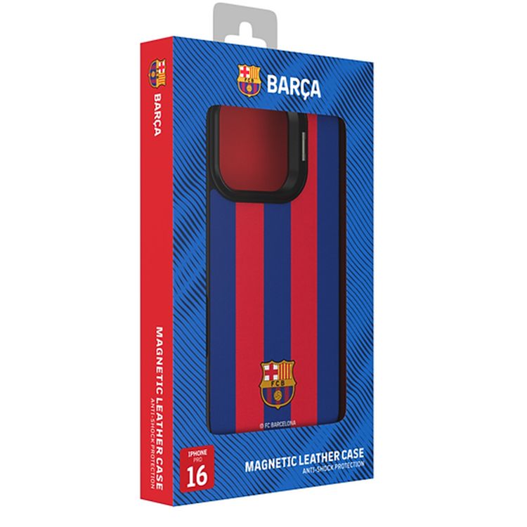 FC Barcelona Magnetic Case for iPhone 16 Pro Max with MagSafe Compatibility, Built-in Stand, Premium Synthetic Leather Material, Neodymium Magnet, Anti-Shock Protection, Handcraft Made - Blue & Garnet Stripes